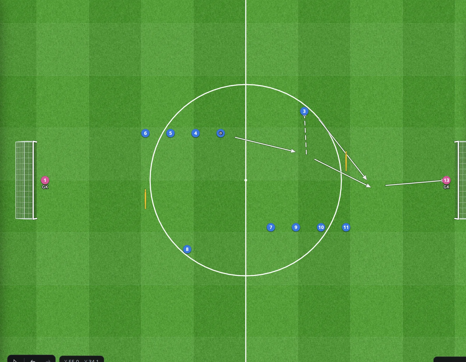 The same give-and-go finishing drill on the TacticsPlay board: numbered players, two mannequins, a dribble, the wall pass, the run and the shot drawn as clear arrows