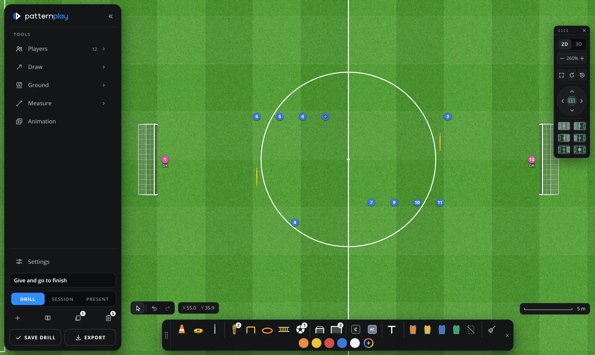 The board with the equipment tray as a row at the foot: cones, discs, poles, mannequins, hurdles, ladders, goals, bibs