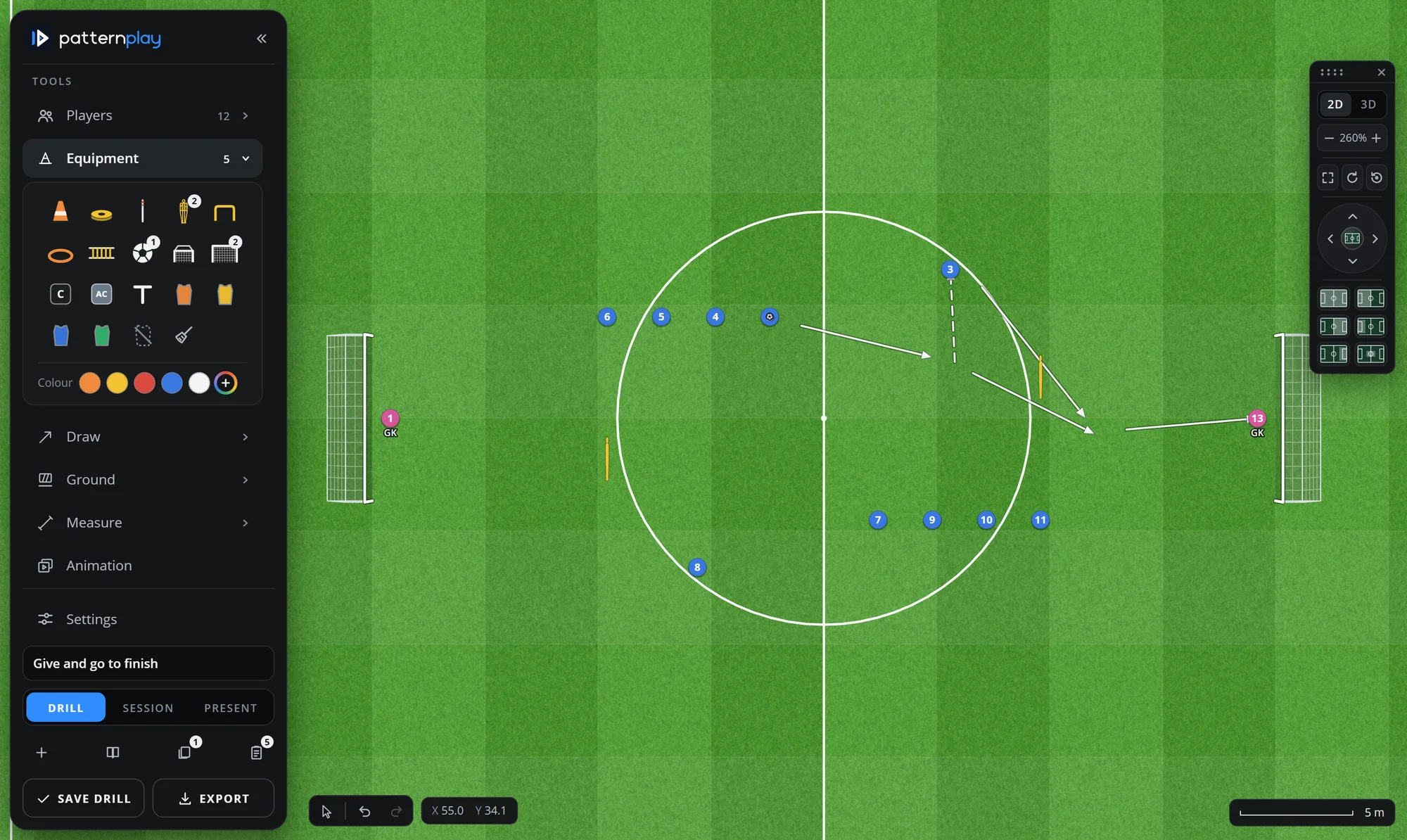 The TacticsPlay board: a finishing drill on a real-size pitch with two goals and keepers, mannequins, a wall pass and a run drawn as arrows, the equipment tray open in the sidebar