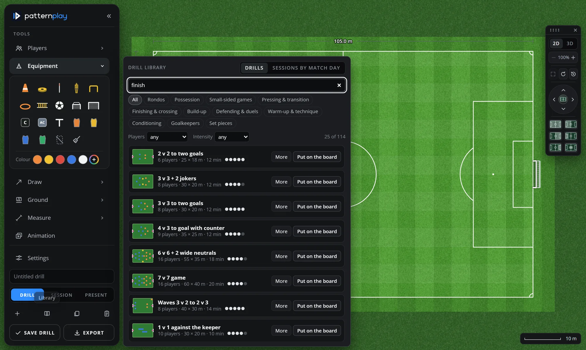 The drill library: search, categories, and rows of drills with Put on the board