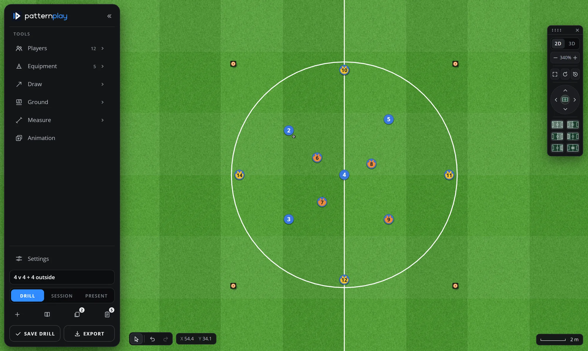 A 4 v 4 + 4 possession drill on an 18 × 18 m area marked with discs, players in three colours