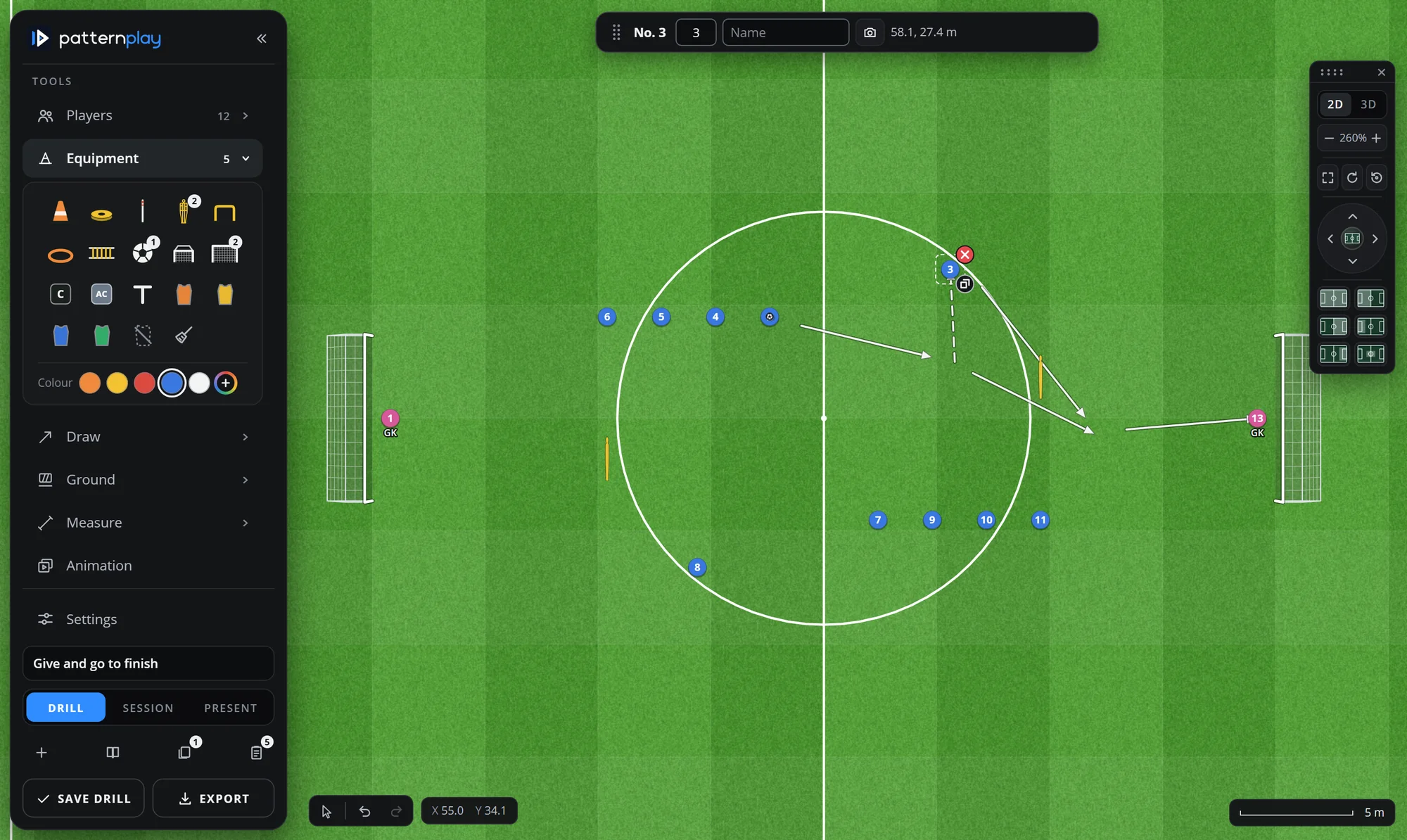 A player selected on the board: his details bar at the top shows number, name and photo, and the arrows of the drill