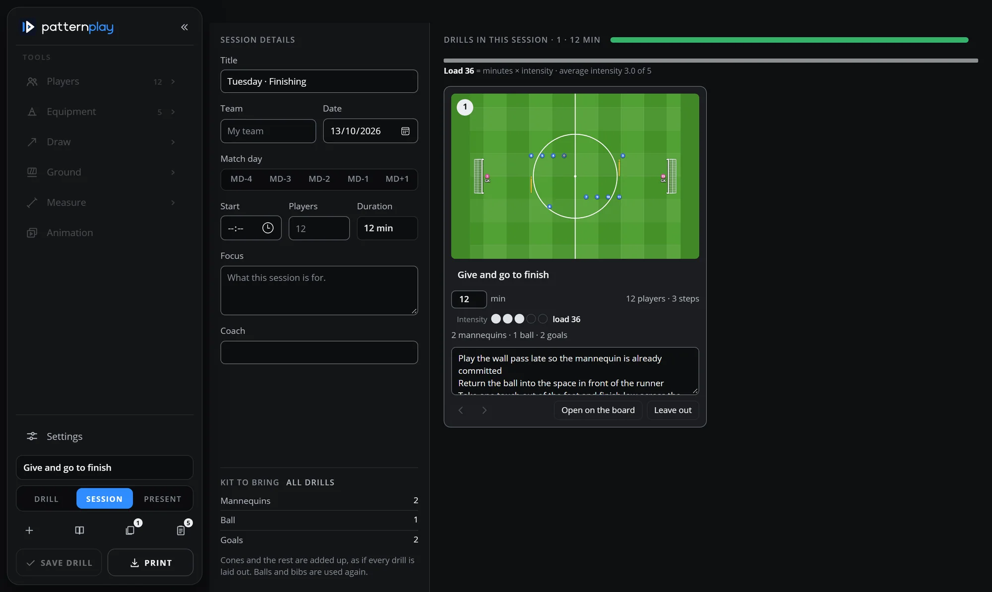 The Session page: title, team, date, match day, start, players and duration on the left; the drill card with its picture, minutes, intensity and coaching points; the kit to bring