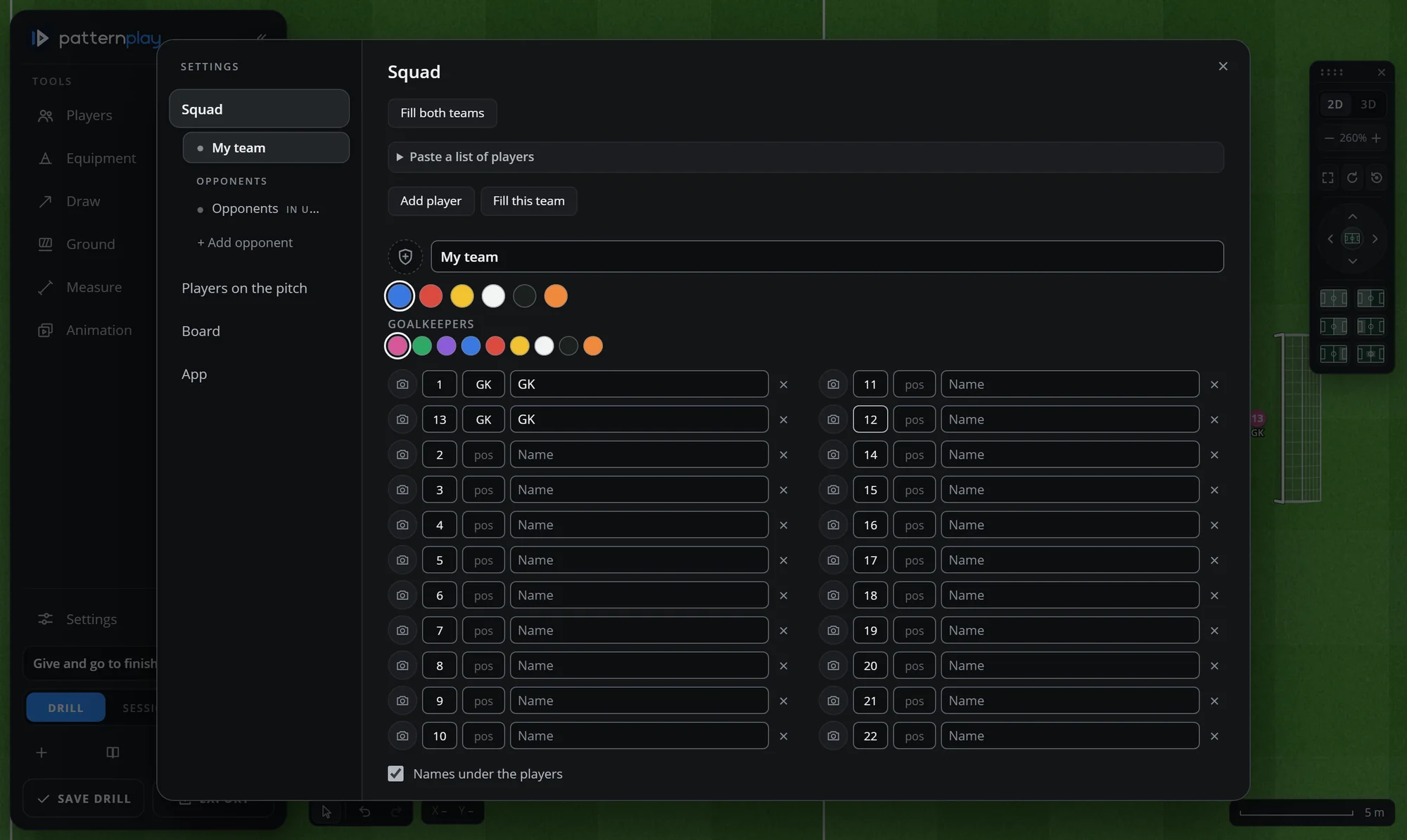 The Squad settings: team name and colours, goalkeeper colours, and twenty-two players with numbers, positions and names in two columns