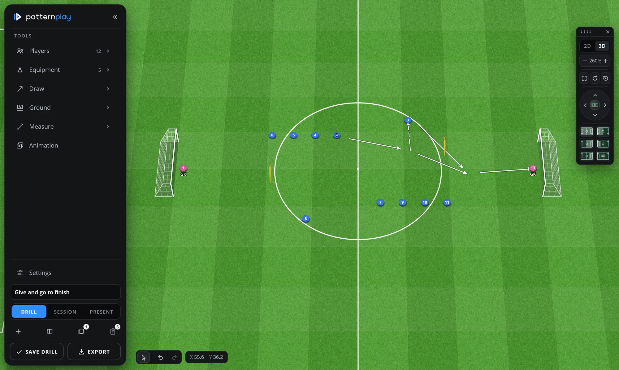 The same finishing drill in the 3D view, the pitch seen at an angle with the goals standing up